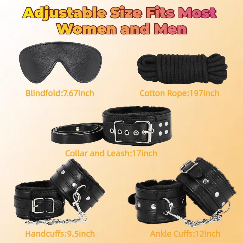 Black restraint sizing chart showing blindfold, cotton rope, collar and leash, handcuffs, ankle cuffs