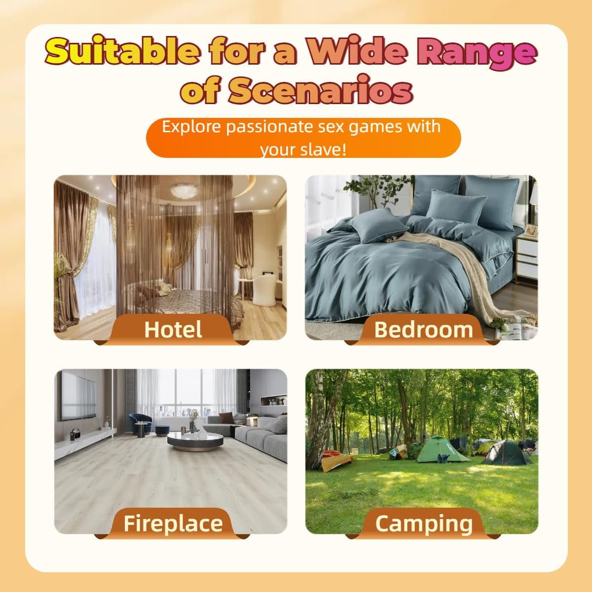 Info card for restraint set suitability in hotel, bedroom, fireplace, and camping scenarios