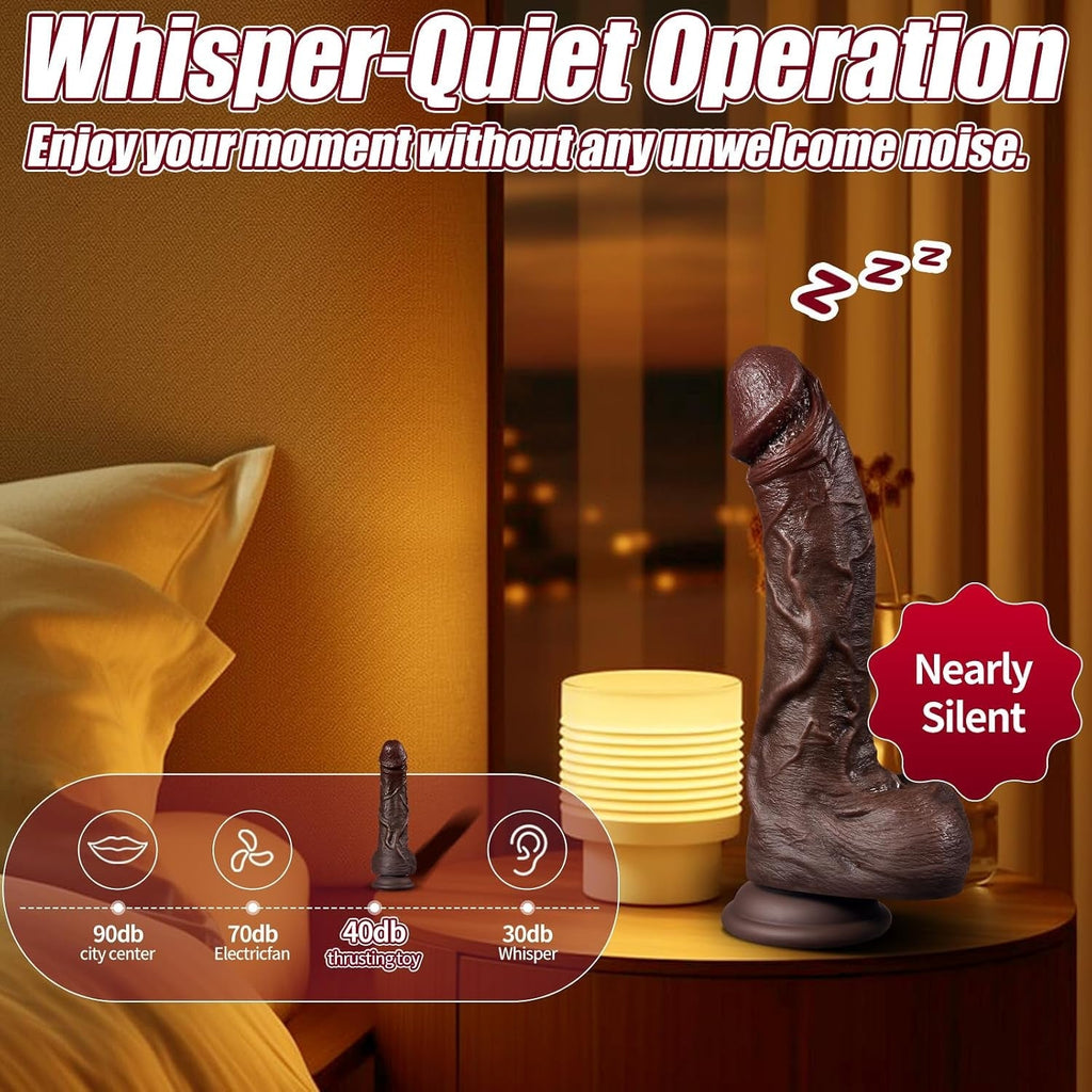 Heated silicone personal toy, dark brown upright design on a small bedside table