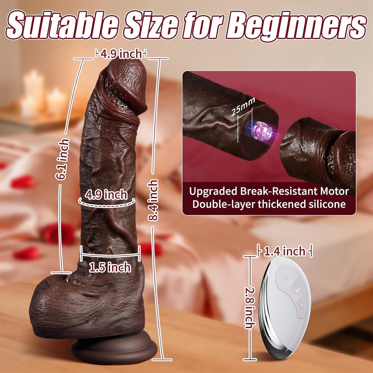 Heated silicone personal toy with remote controller, shown with size measurements