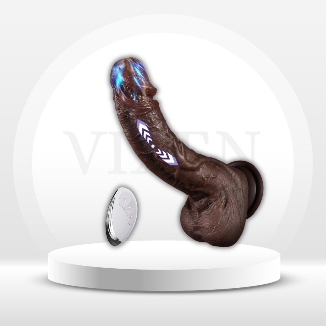 Heated silicone personal toy with remote controller, dark brown ergonomic shape