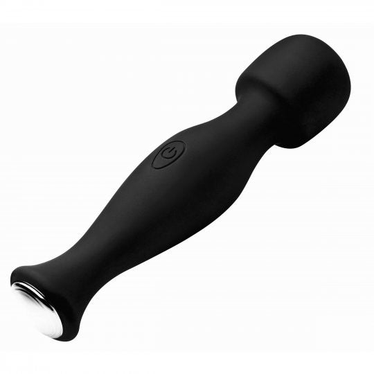 Black handheld silicone massager with control button and tapered head