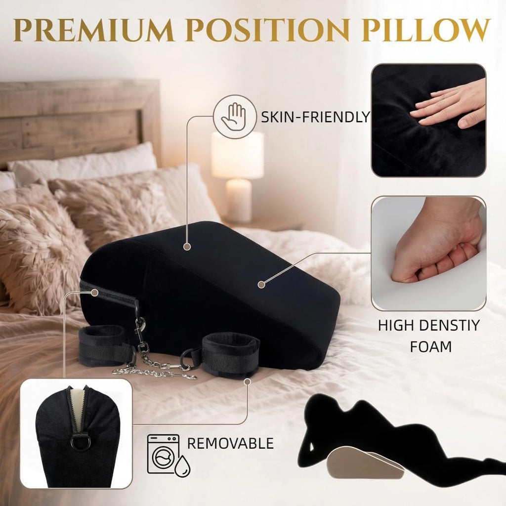 Black positioning pillow with removable cuffs, chain, and foam construction