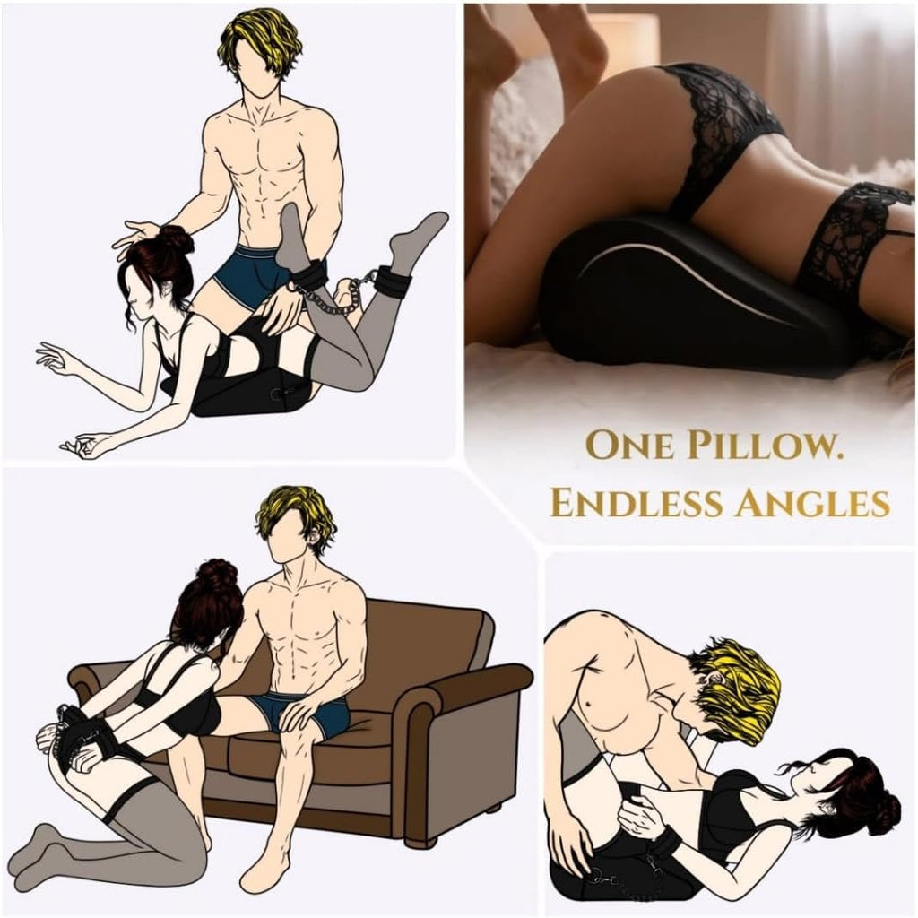 Black positioning pillow with detachable cuffs shown in multiple pose diagrams