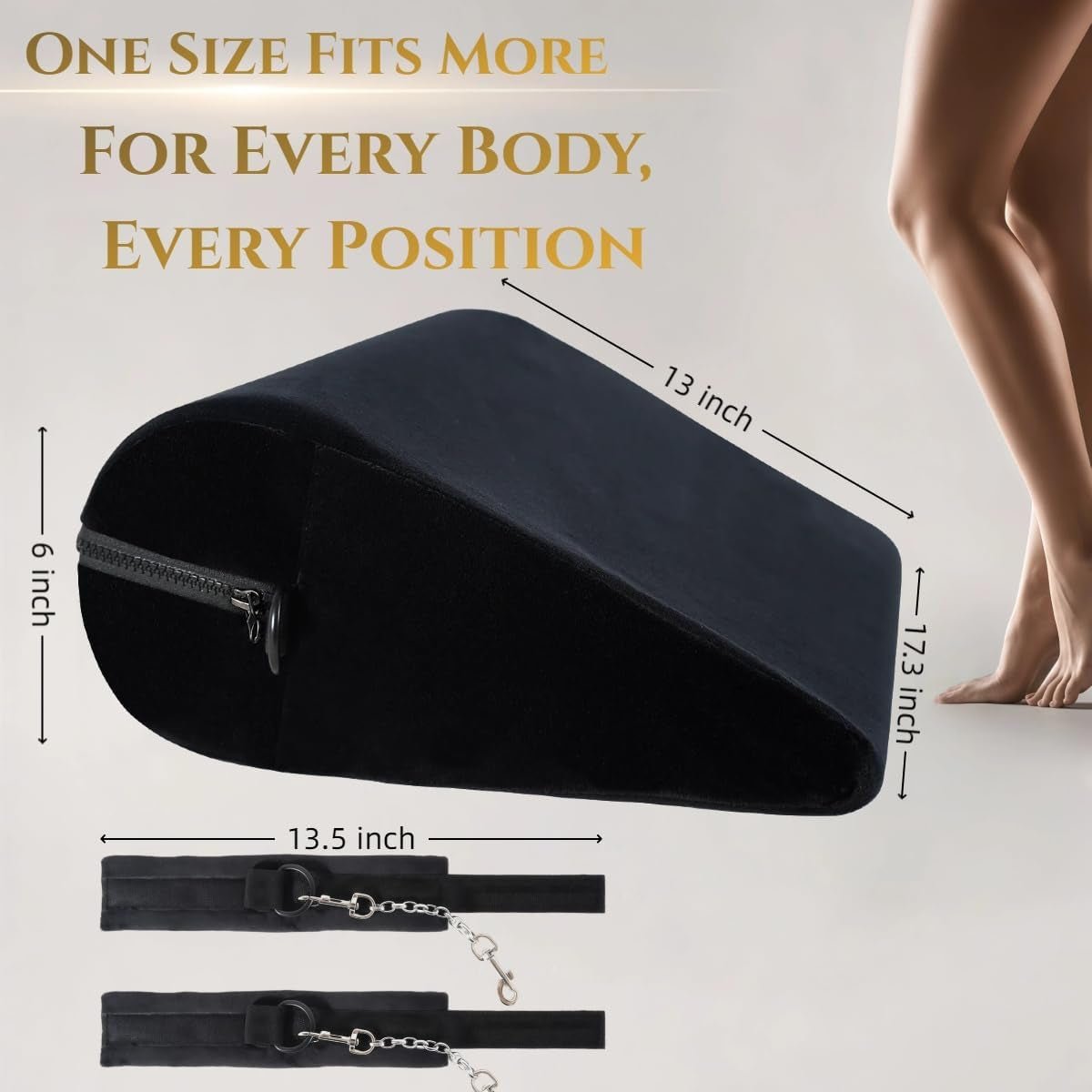 Black positioning pillow and cuffs with size diagram and attachment straps