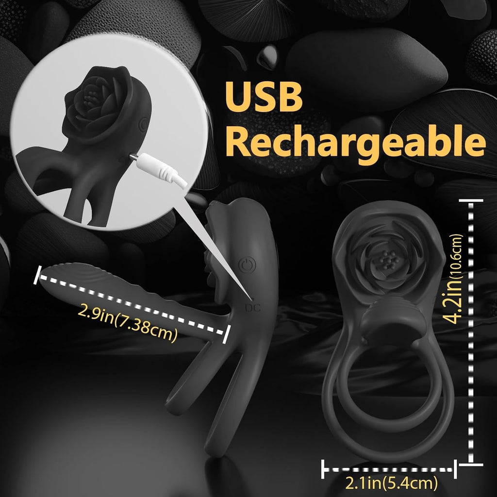 Smoky black rose-shaped couples ring with USB charging cable shown