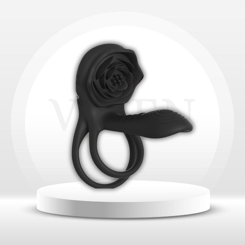 Smoky black rose-shaped couples ring with intertwined finger bands and loop detail
