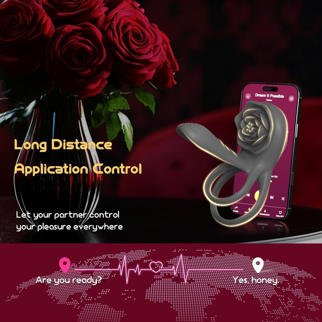 Smoky black rose-shaped couples ring with finger loop and rose rosette detail