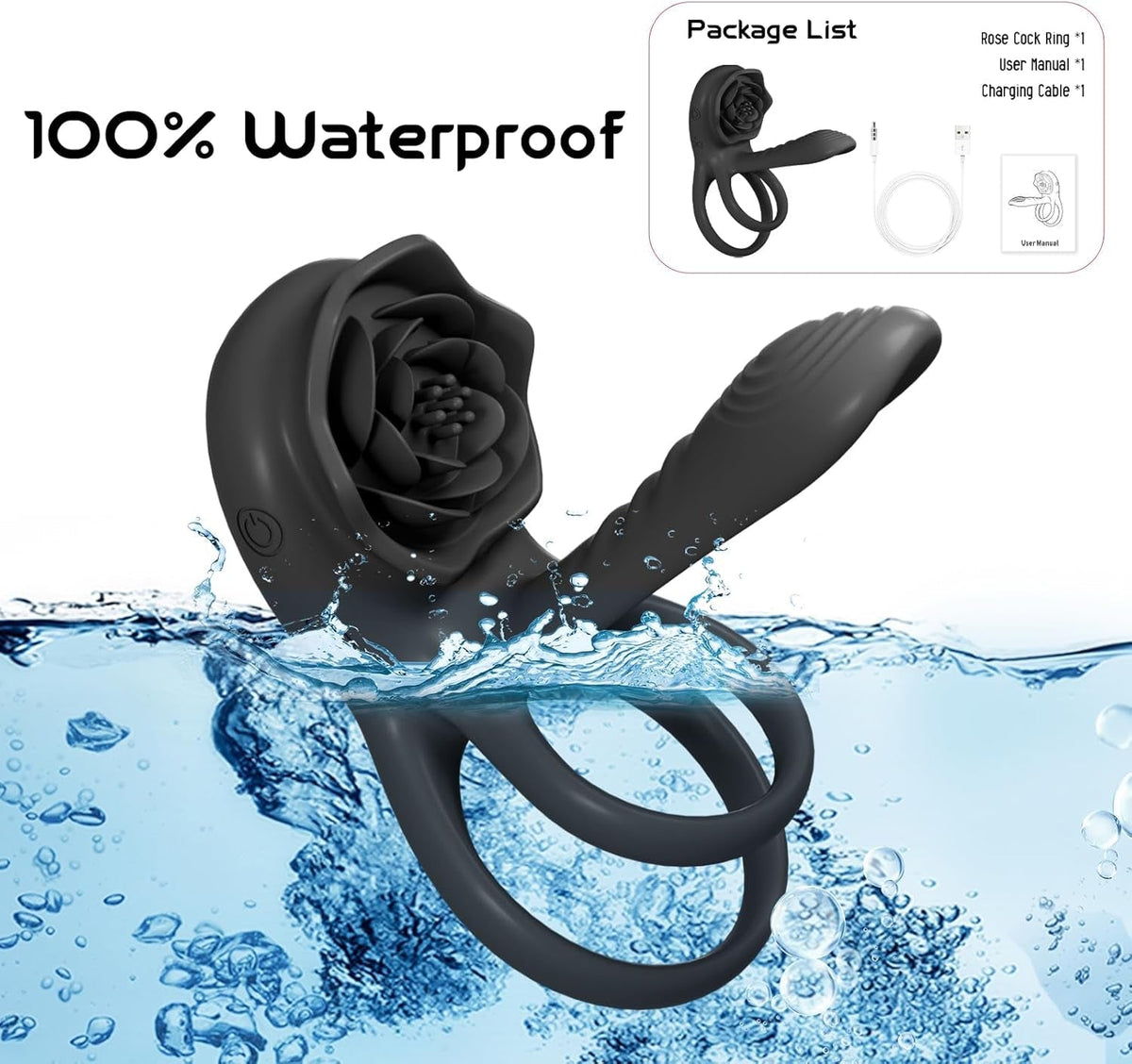 Smoky black rose-shaped couples ring with water splash and looped bands