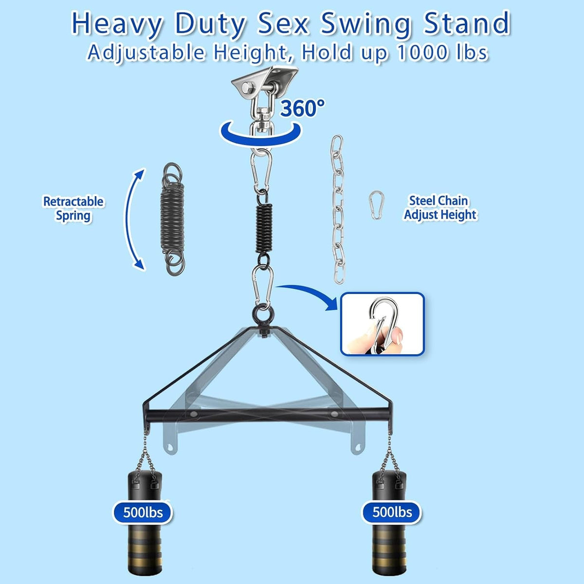 Black ceiling sex swing stand with adjustable height chains and spring links