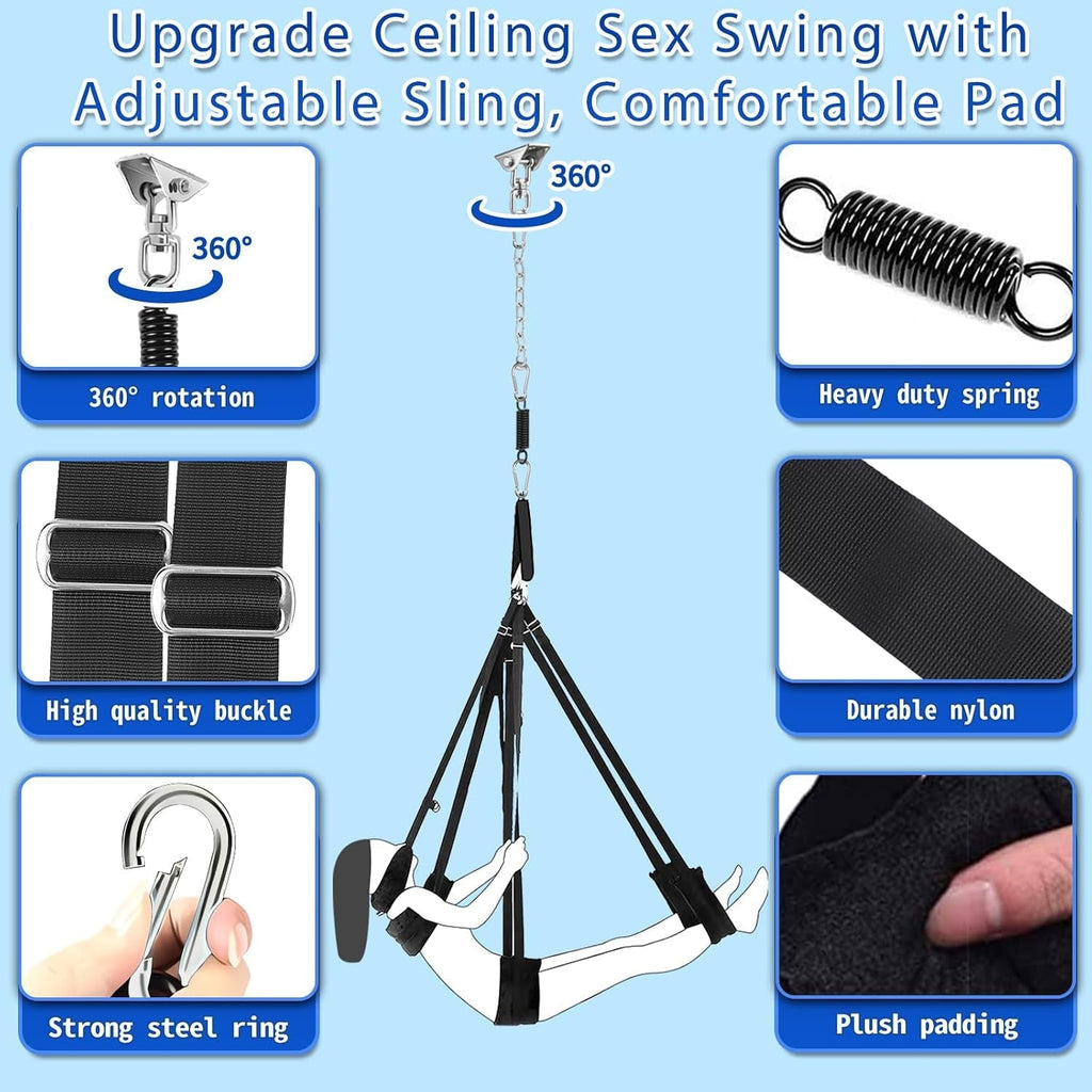 Black adjustable sling swing with ceiling chain, durable nylon straps, and spring