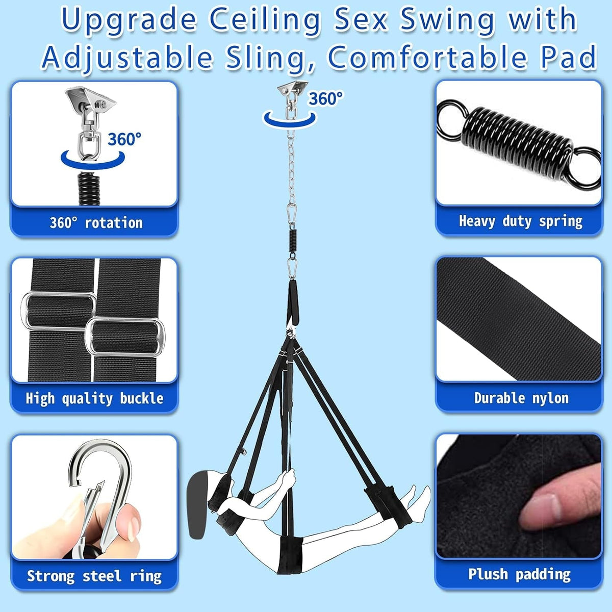 Black adjustable sling swing with ceiling chain, durable nylon straps, and spring