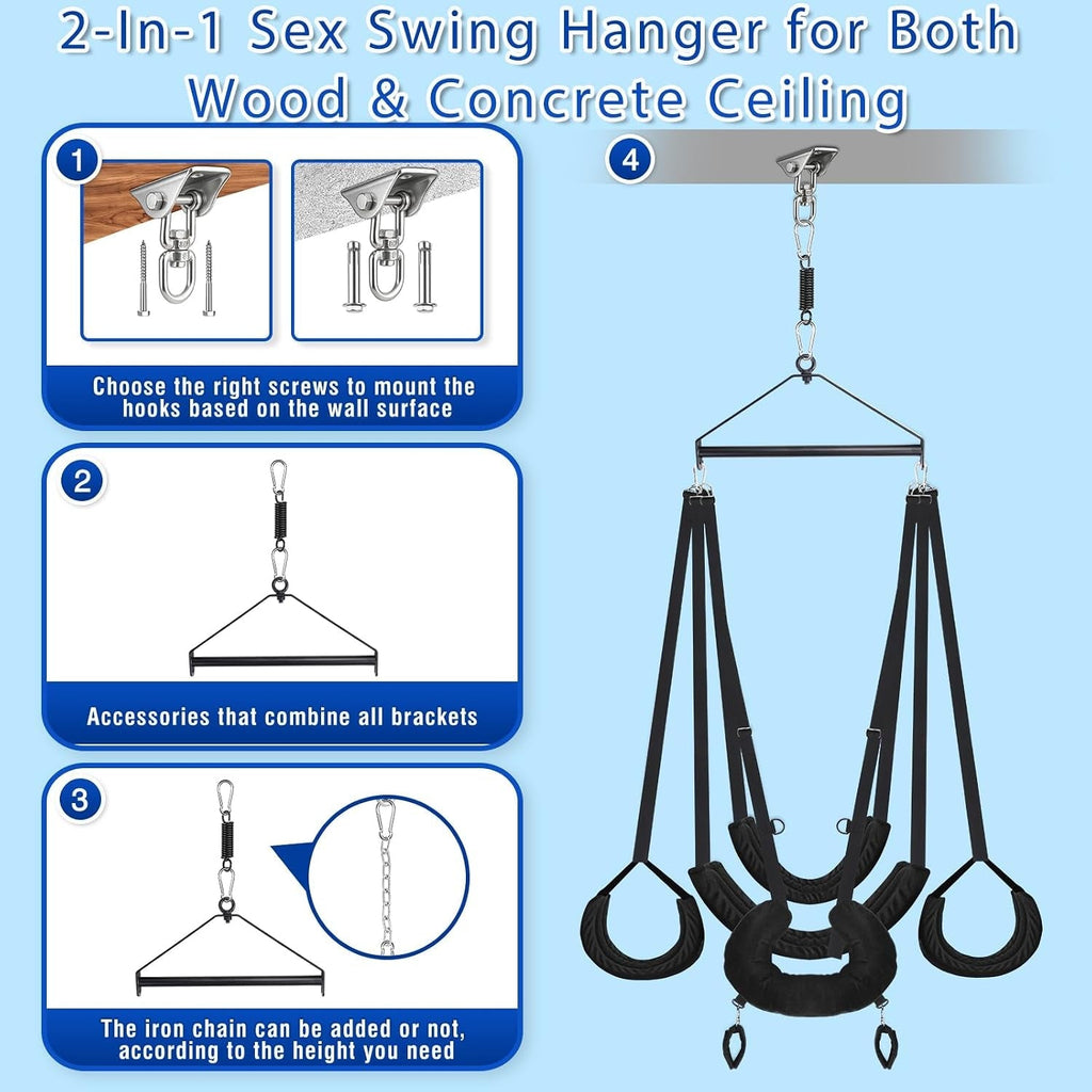 Black intimacy swing hanger with ceiling mounting hardware, chains, and ring handles