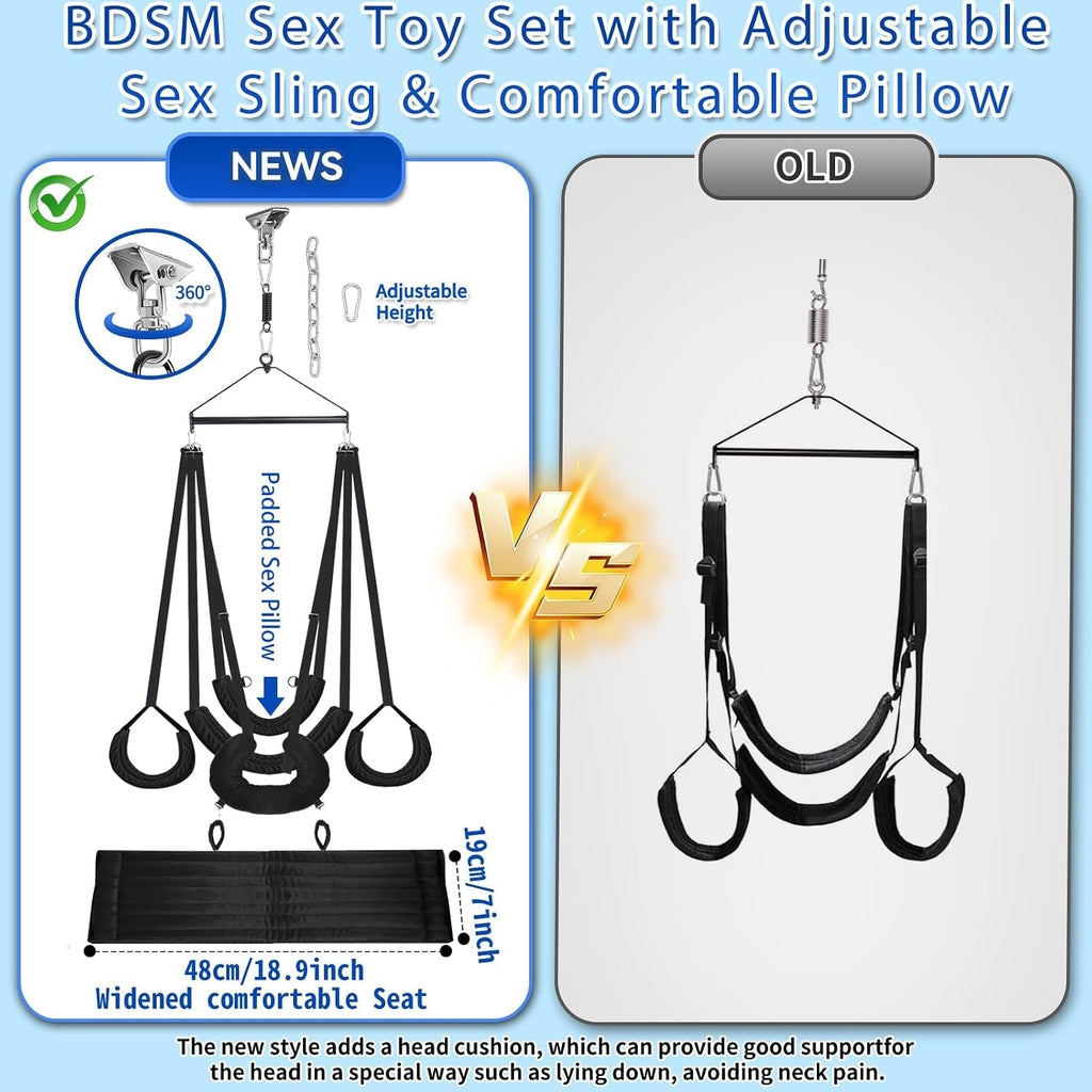 Black adjustable sex sling swing with wide padded seat and three-ring handle