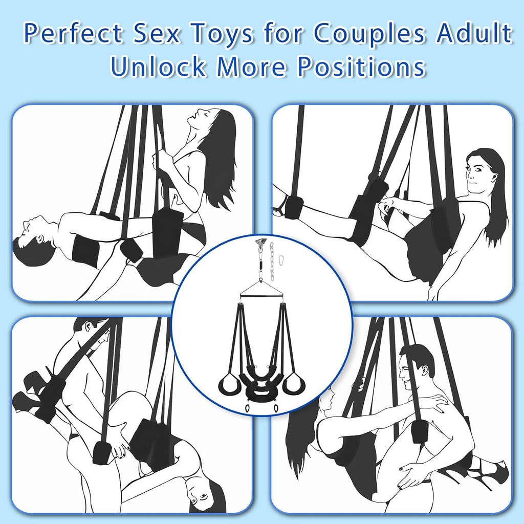 Black hanging sex swing with multiple strap positions shown on four setups