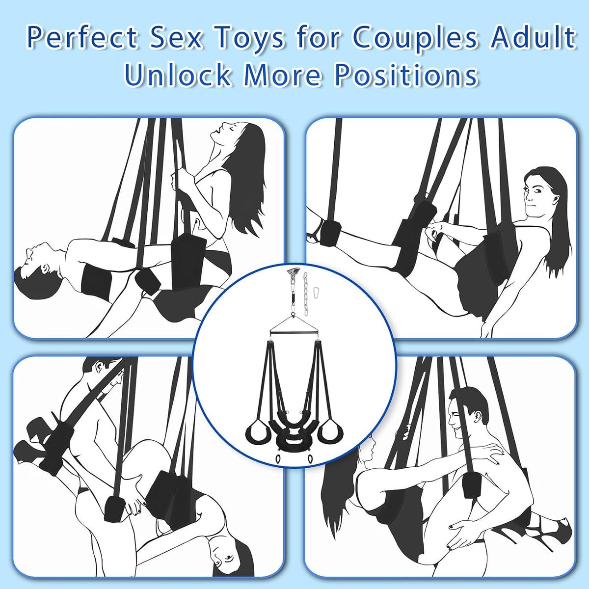 Black hanging sex swing with multiple strap positions shown on four setups