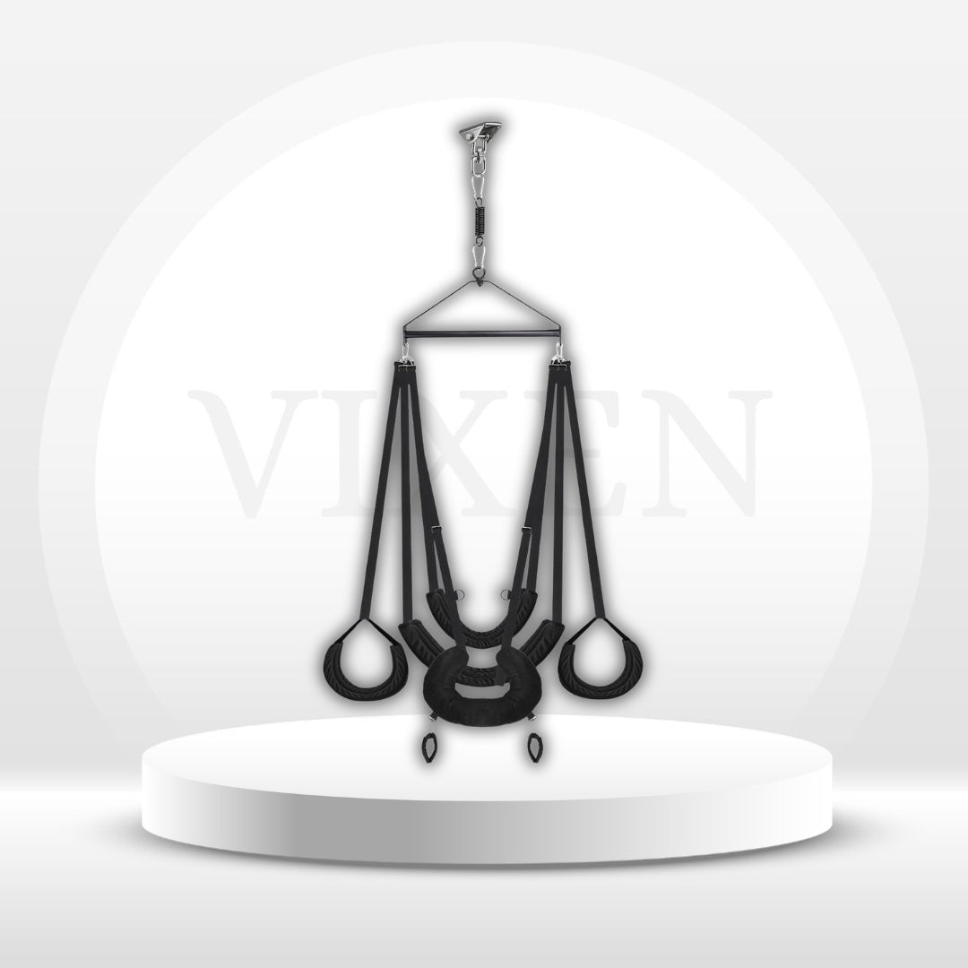Black hanging intimacy swing with ceiling mount, straps, and three ring handles