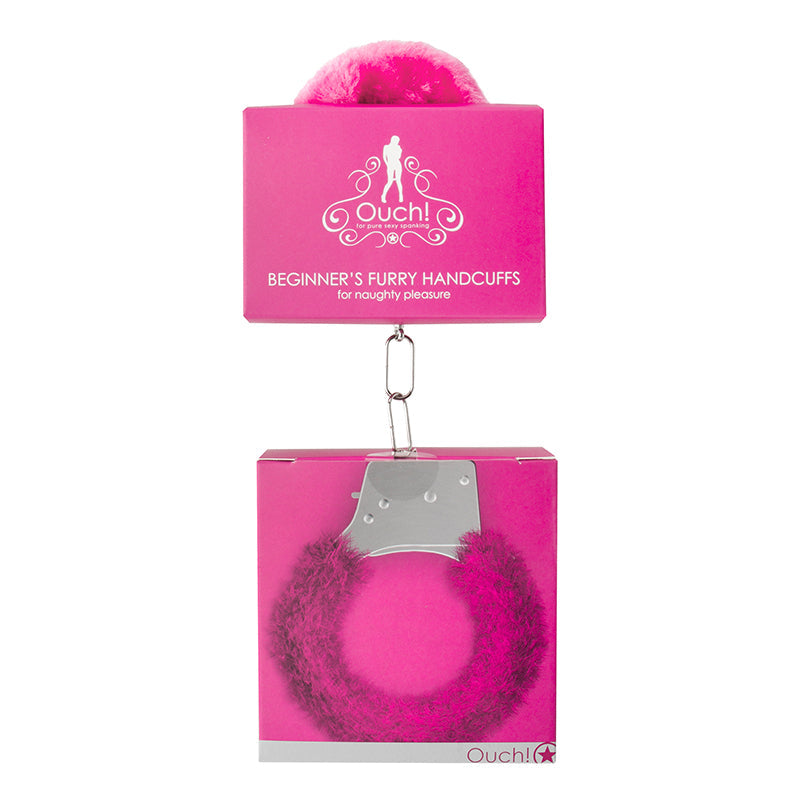 Pink faux-fur handcuffs with metal quick-release chain and clasp