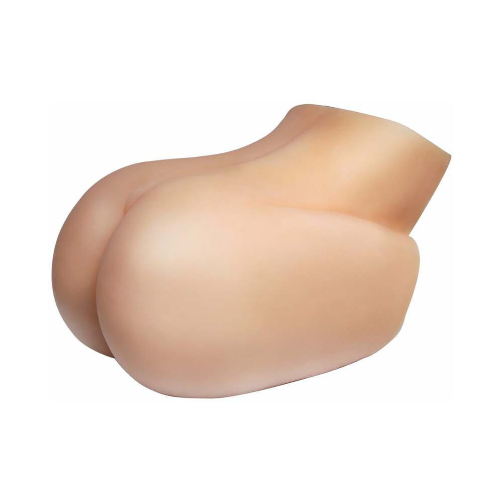 Beige dual-entry mega masturbator with rounded insert openings, side view