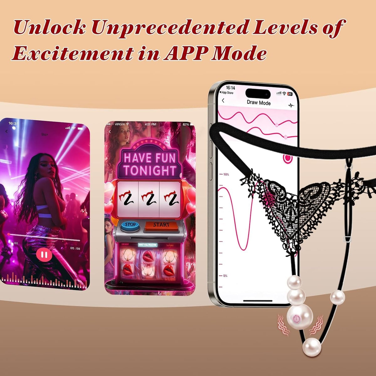 Black lace thong with pearl bead garter detail beside smartphone app screen