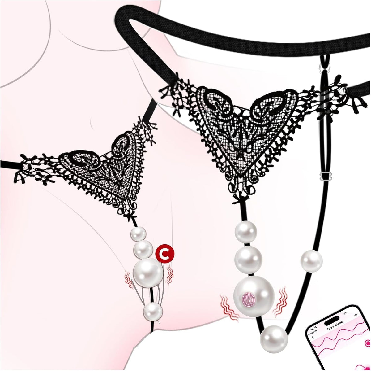 Black lace panty with dangling pearl bead charms and adjustable draw straps