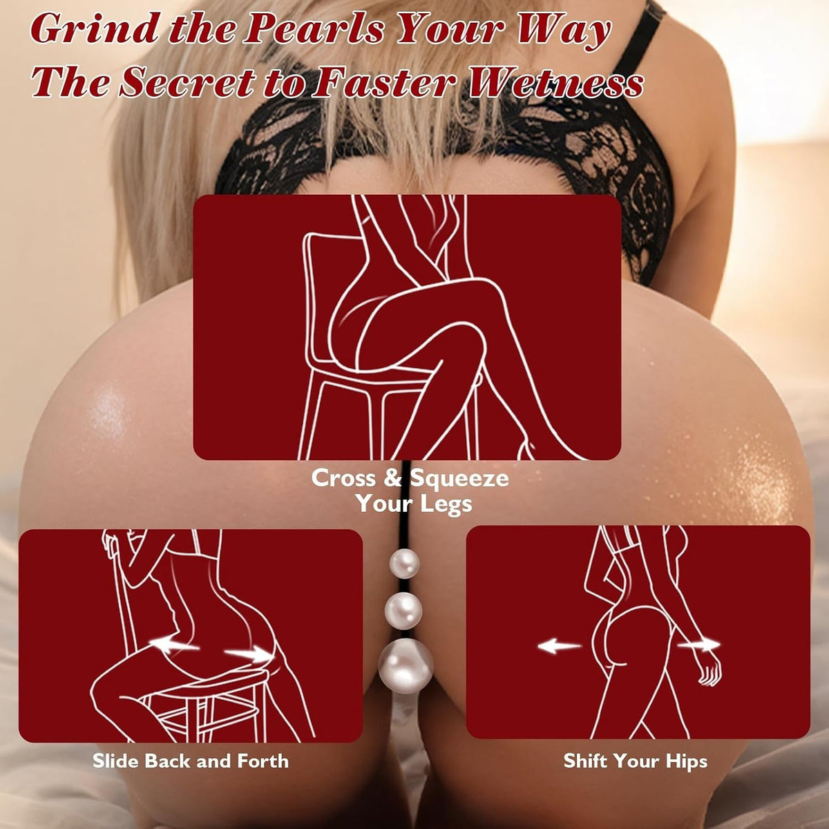 Black lace thong with pearl garter detail, worn on hips on a model