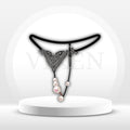 Black lace thong with adjustable garter straps and dangling pearl bead accents