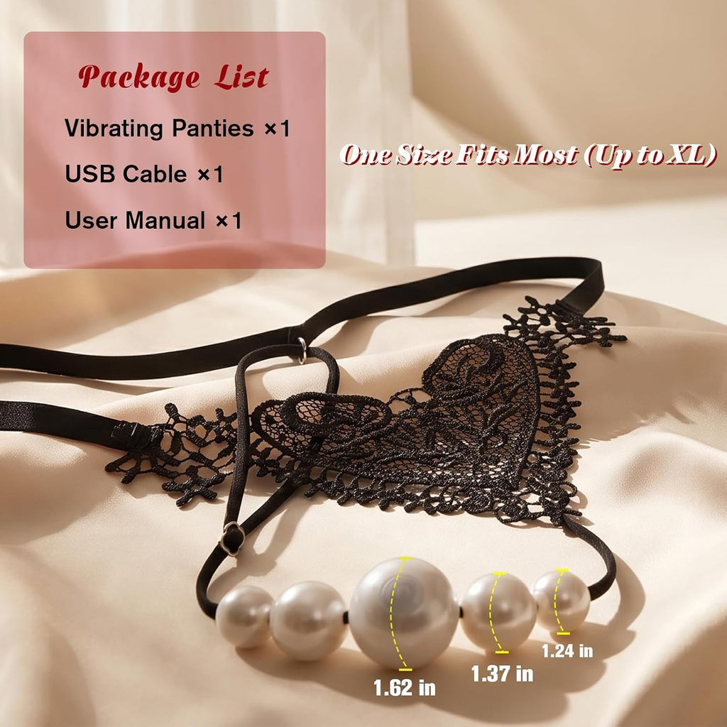 Black lace thong with pearl bead garter straps, laid flat with measurement labels