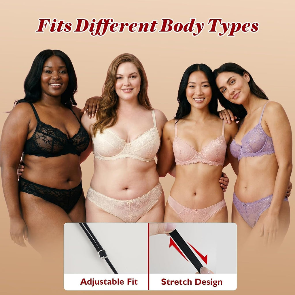Four lace panty styles in black, nude, blush, and purple with pearl accents