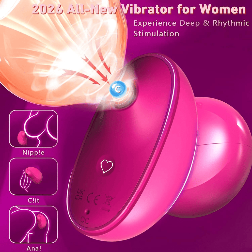 Rose-pink oval stimulator with round suction head and side button control panel.