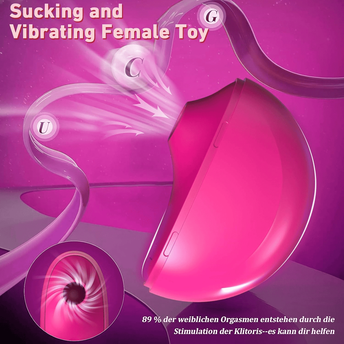 Rose-pink stimulator with curved nozzle and glossy suction disc at the base.