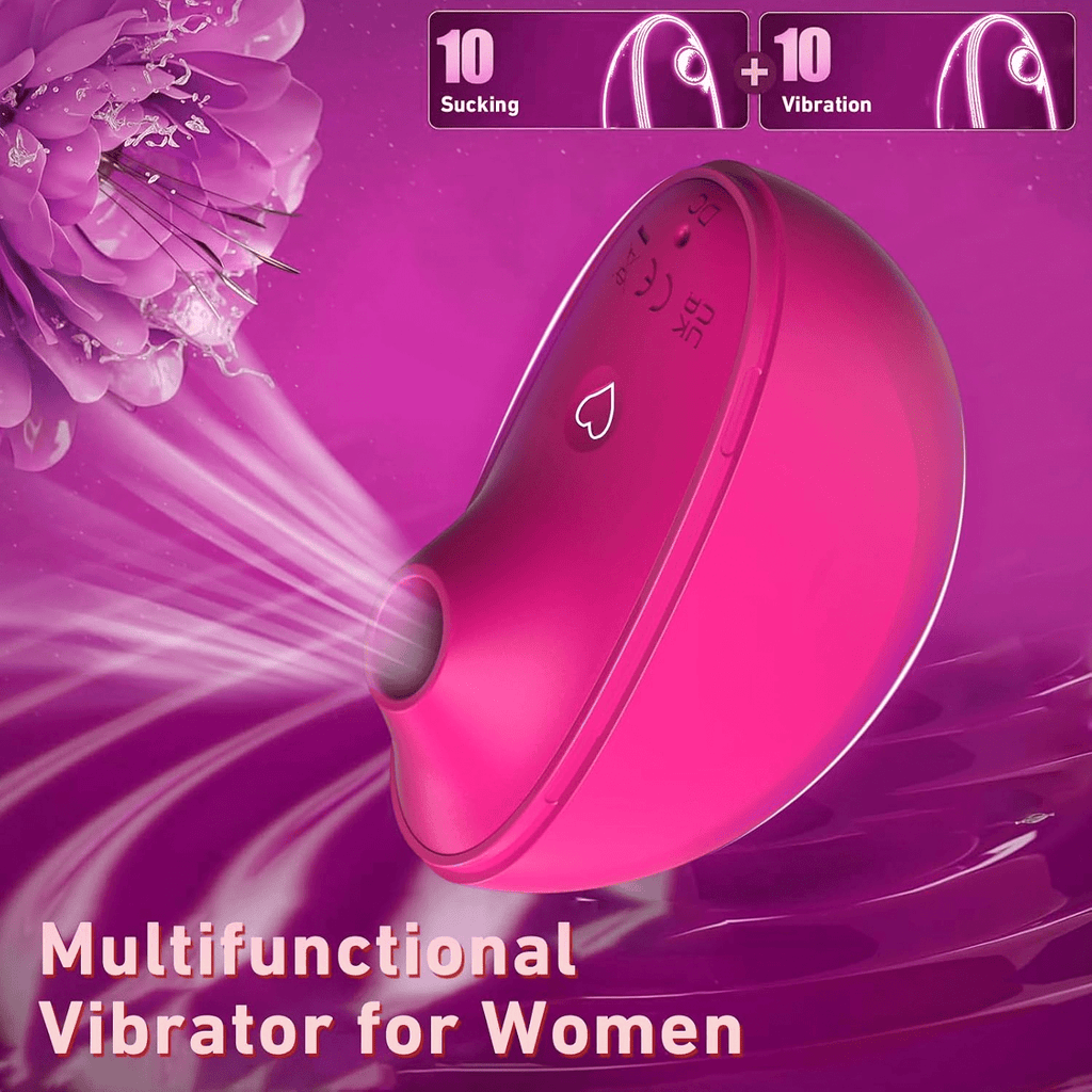 Rose-pink portable stimulator with suction nozzle and heart-shaped logo on body.