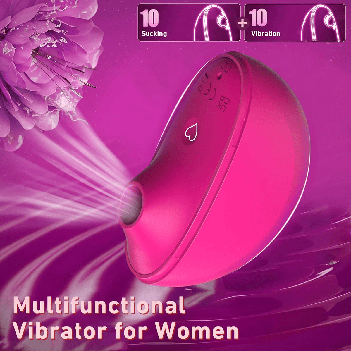 Rose-pink portable stimulator with suction nozzle and heart-shaped logo on body.