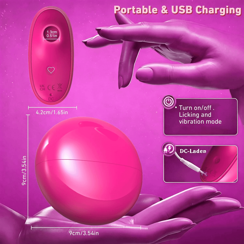 Rose-pink USB-charging stimulator with power button and a cable shown near it.