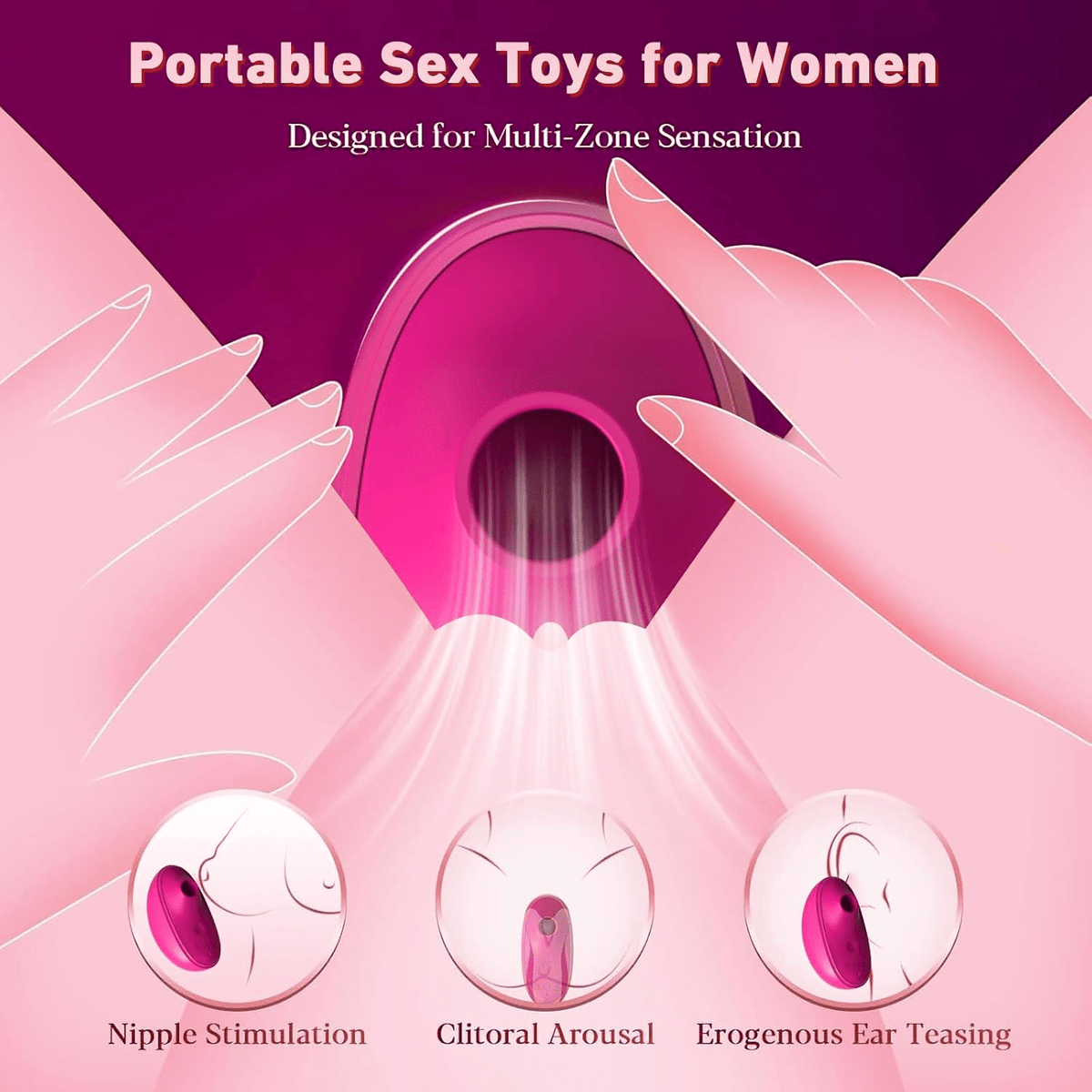 Rose-pink stimulator head with open suction ring, positioned near a hand.