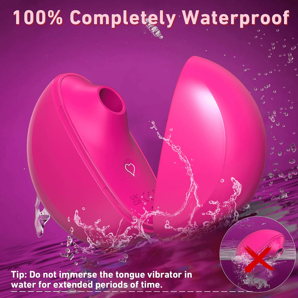 Rose-pink waterproof stimulator with suction head and heart-marked body with water splash.