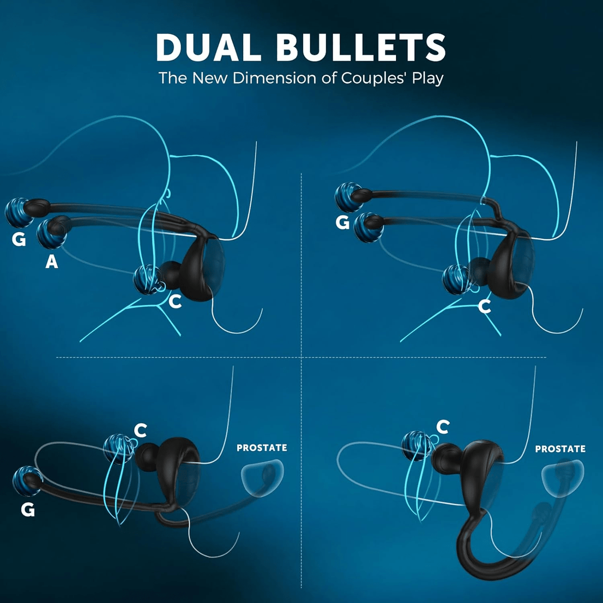 Black dual-bullet massager with two rounded tips and dual stimulation arms