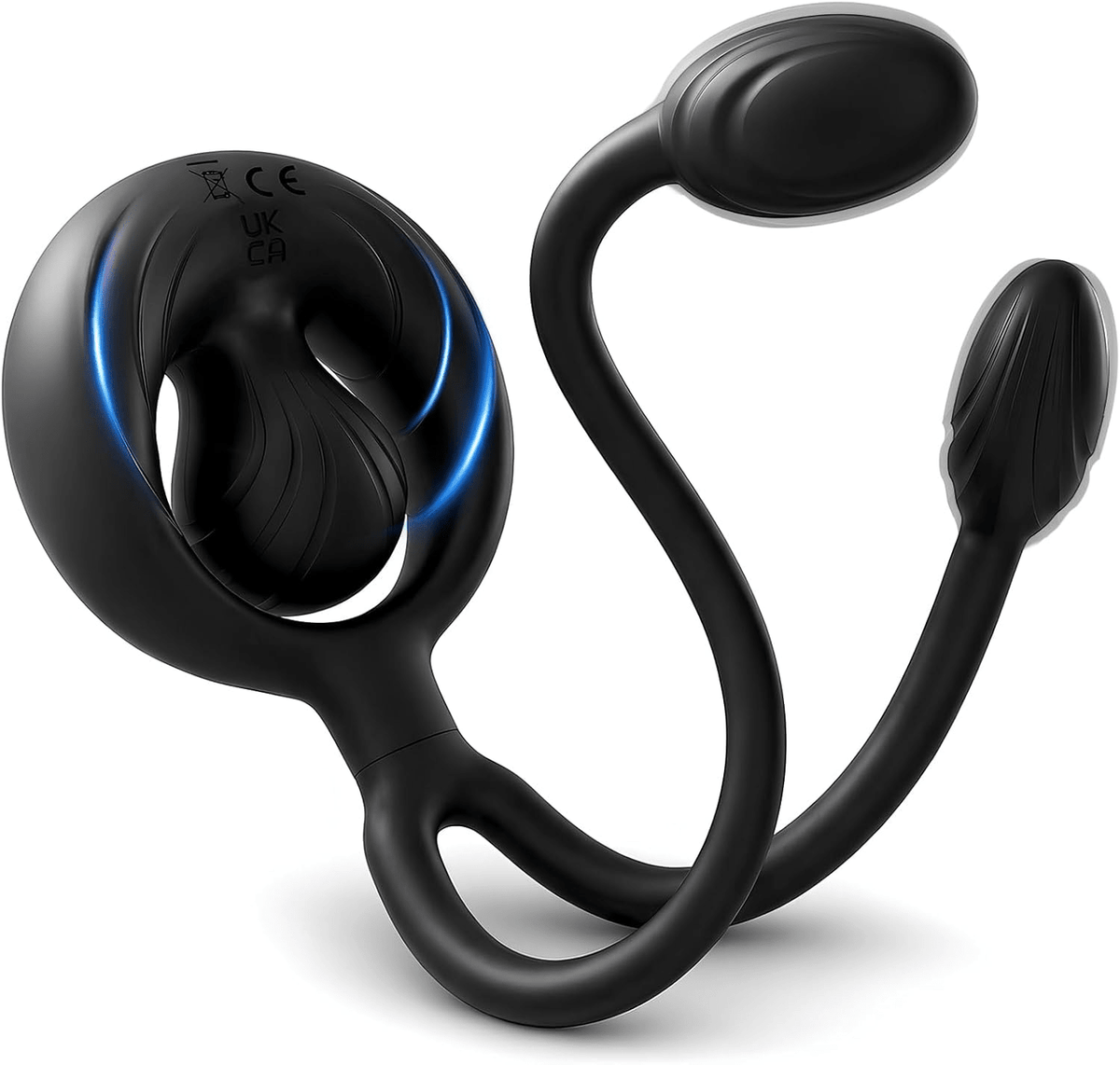 Black dual-bullet massager with two rounded tips and a glowing blue ring