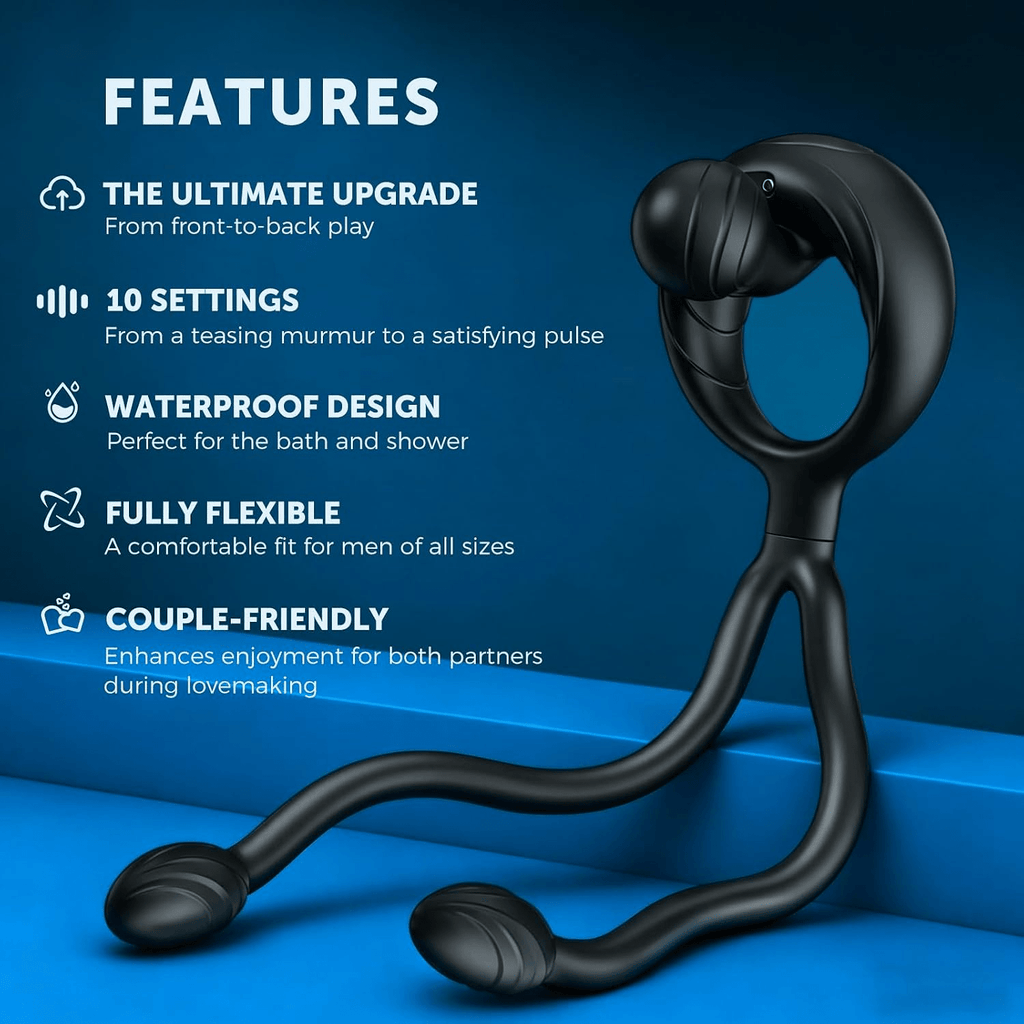 Black waterproof dual-bullet massager with flexible curved arms and two tips