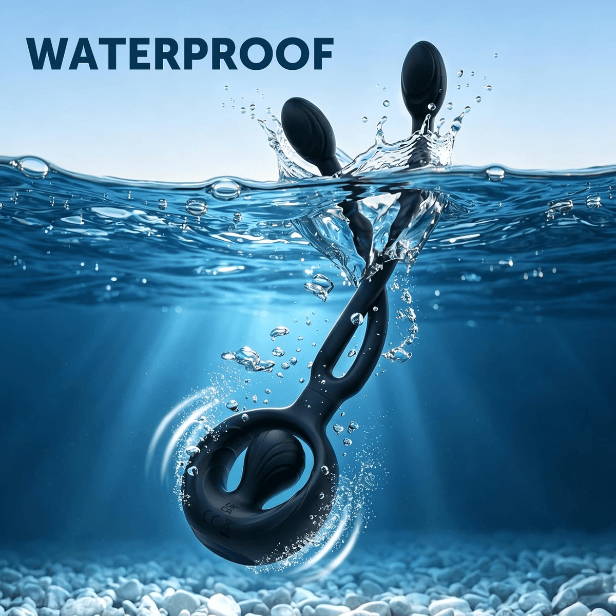 Black dual-bullet massager with water droplets on the two rounded tips