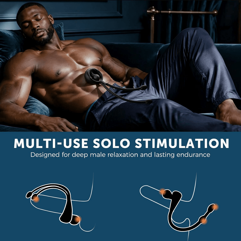 Black dual-bullet massager with two tips resting against a person during use
