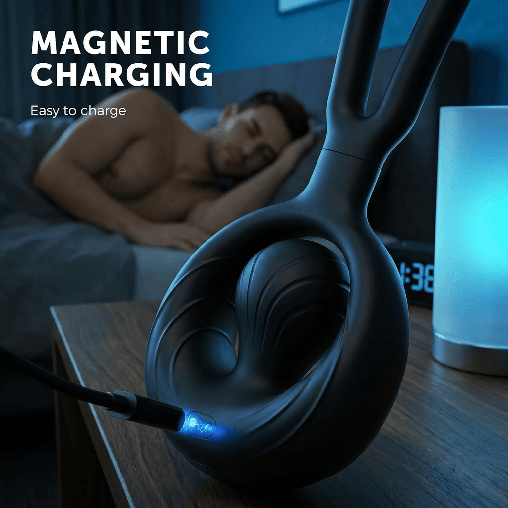 Black dual-bullet massager charging with glowing blue light near the base