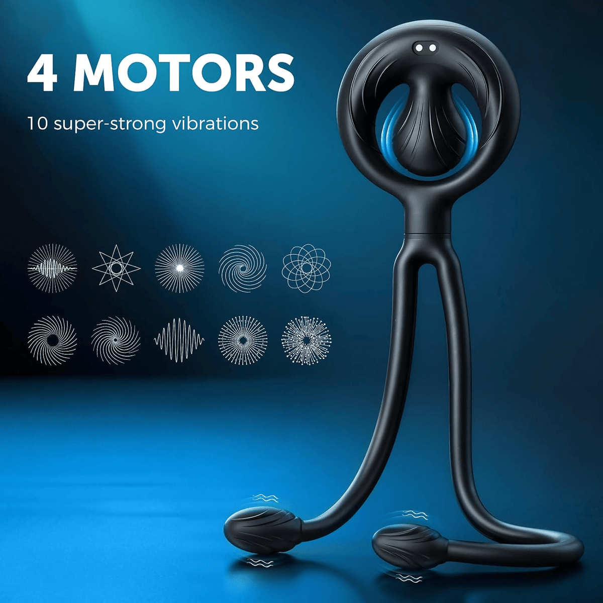 Black dual-bullet massager with two tips and blue glowing ring detail