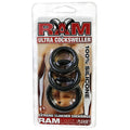 Black silicone cock ring set, three stacked rings in clear blister packaging