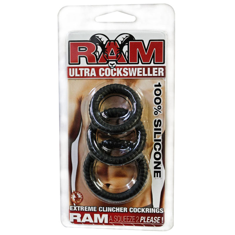 Black silicone cock ring set, three stacked rings in clear blister packaging