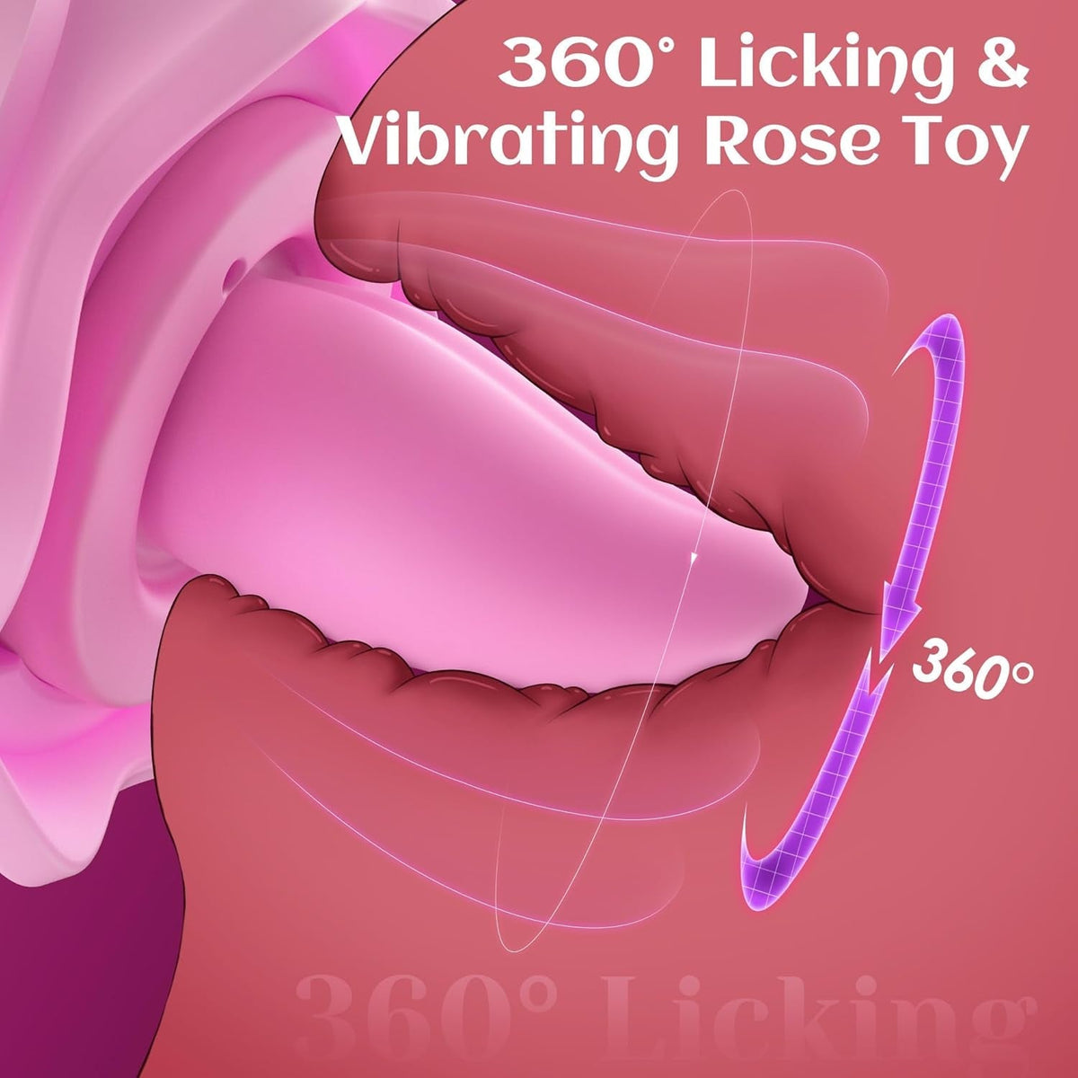 Pink rose rotating lick-and-vibrate style stimulator with flexible curved inner cup