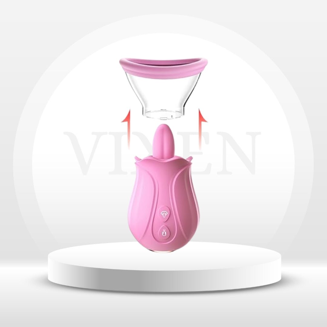 Pink rose rotating pleasure stimulator with curved outer cup and control buttons