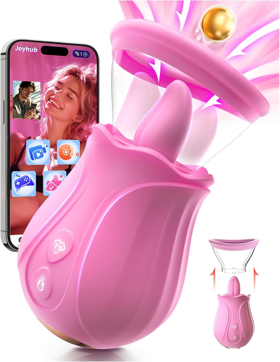 Pink rose-shaped rotating pleasure stimulator with wide circular ring and curved head