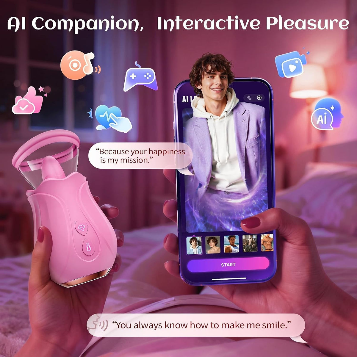 Pink rose-shaped pleasure stimulator controlled via smartphone app on screen