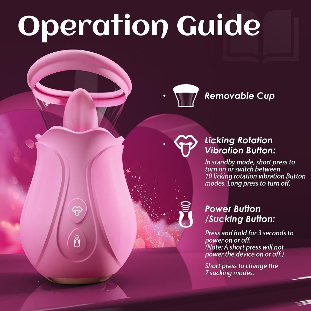 Pink rose pleasure stimulator with removable cup and visible power and mode buttons